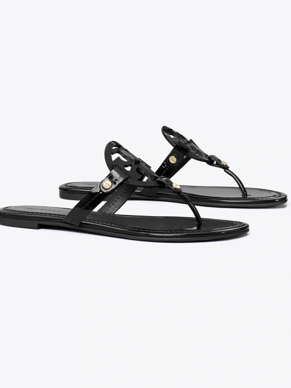 Tory Burch Black Patent Miller Thong Sandal with Gold Accents Size: 7.5